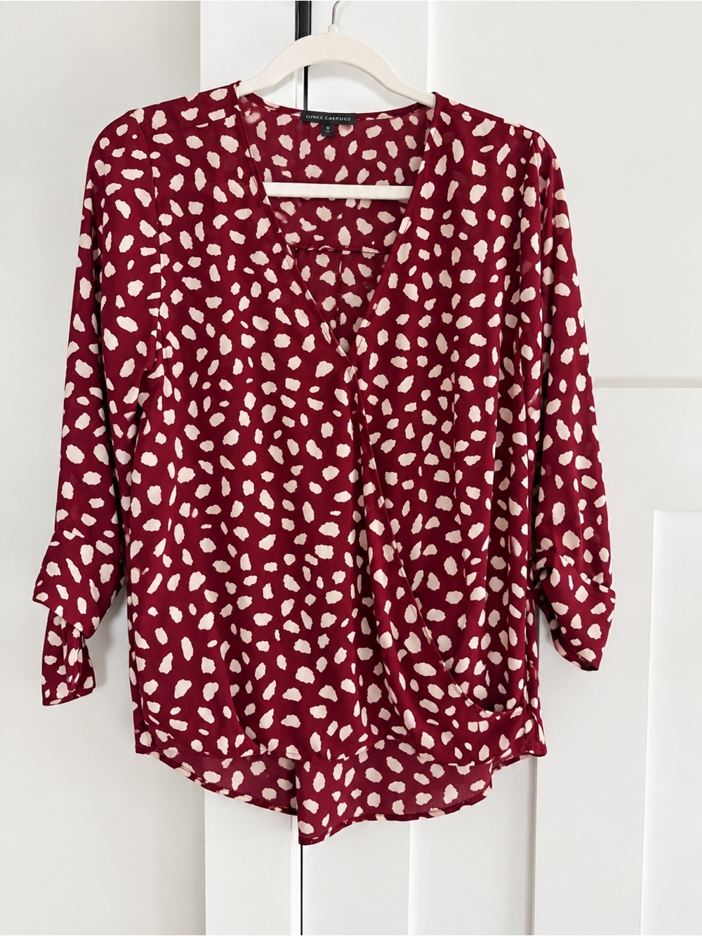 West Kei Stitch Fix Faux-Wrap Top 3/4 Sleeves Red/Cream Animal Print M